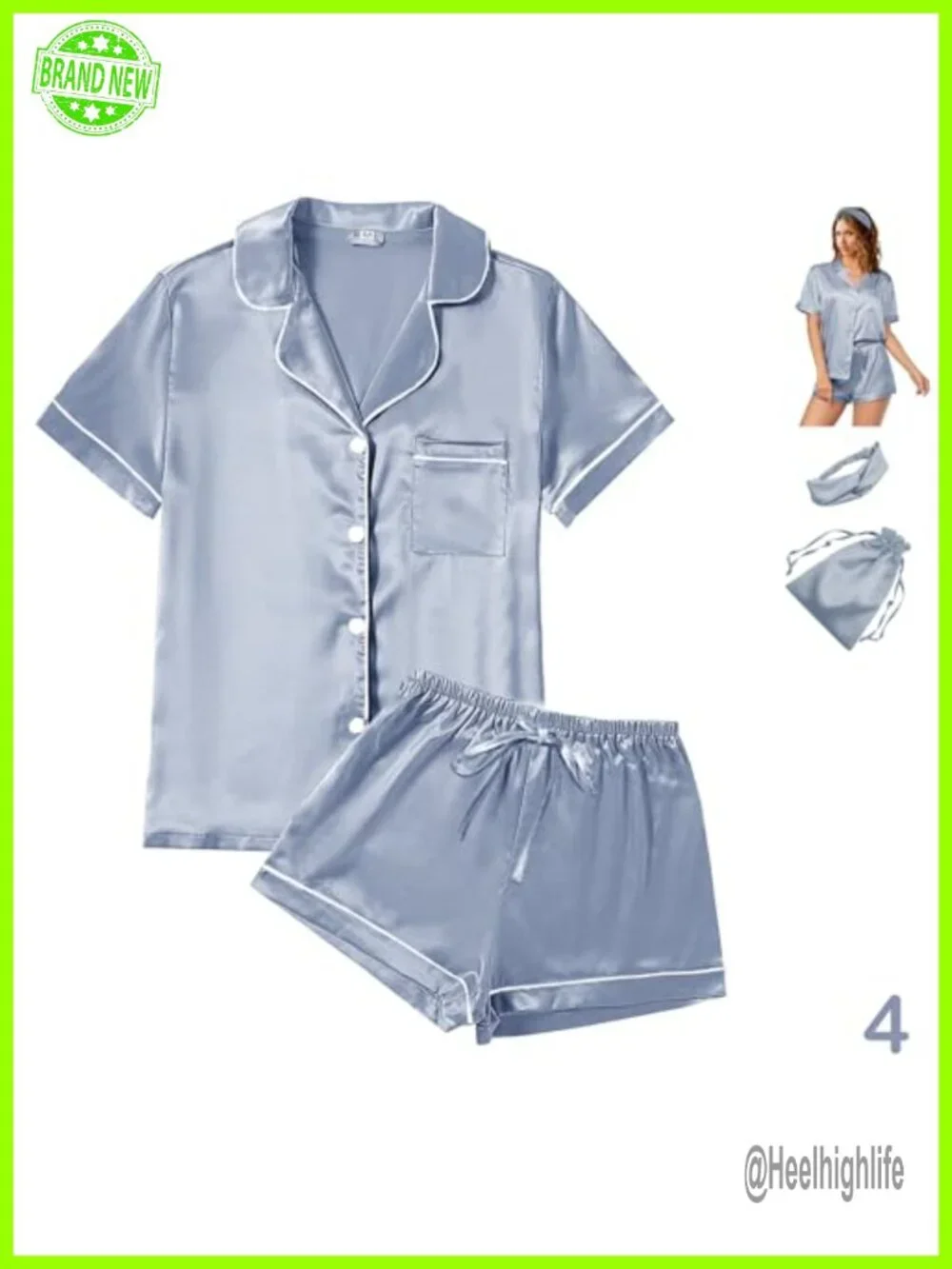 Silk Satin Pajama Set with Headband and Pouch Bag - Short Sleeve, Button Front,
